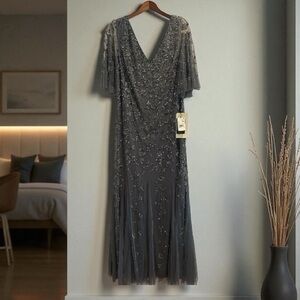 NEW Adrianna Papell Gray Scoop Back Beaded Gown